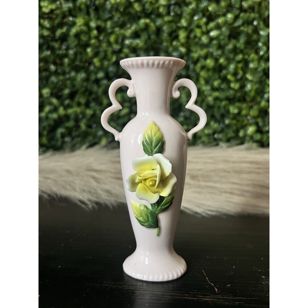 Norleans Japan Vintage Pink Porcelain Bud Vase Yellow 3D Applied Rose 5.5 Inch